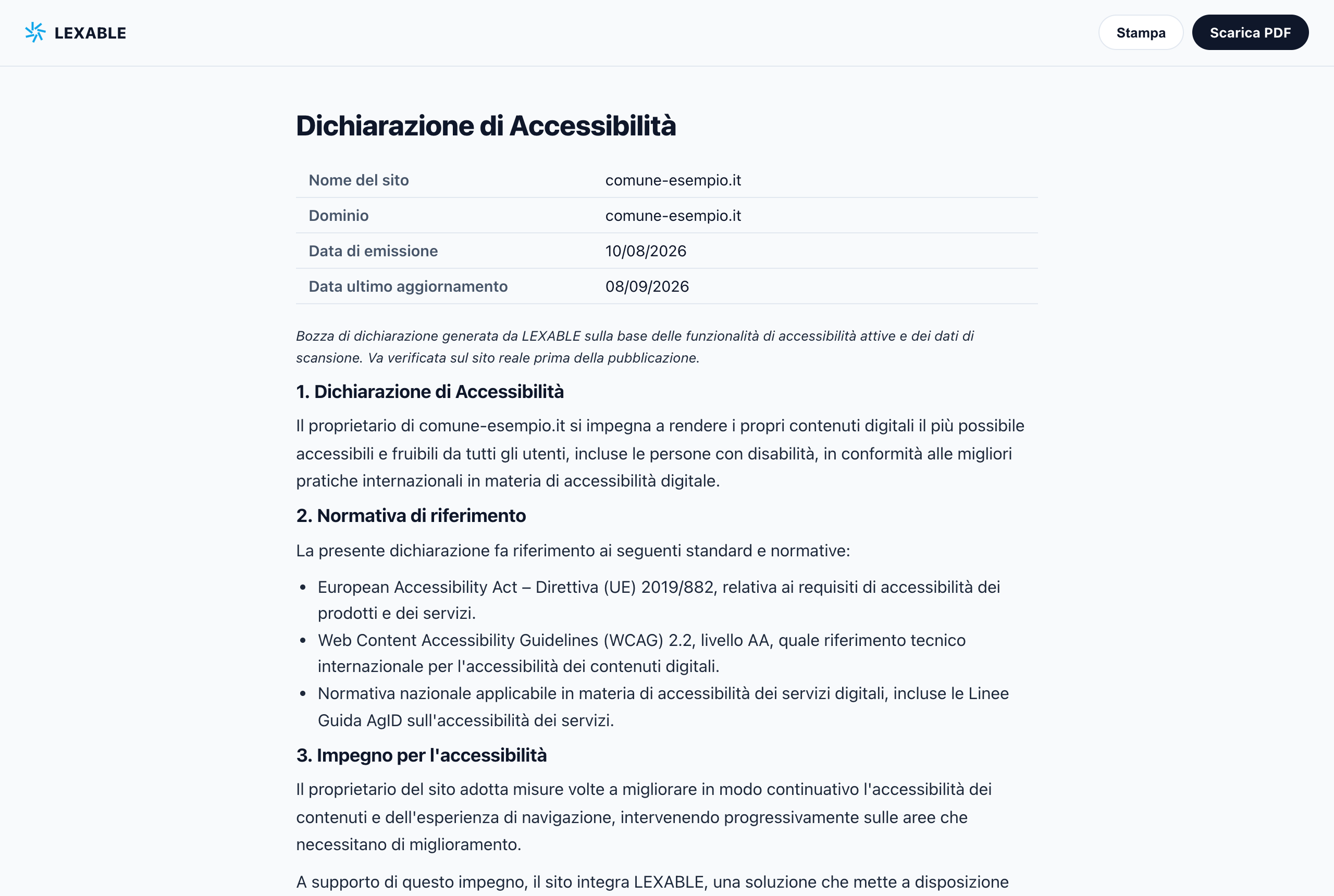 Bozza della dichiarazione di accessibilità LEXABLE allineata a EAA e AGID